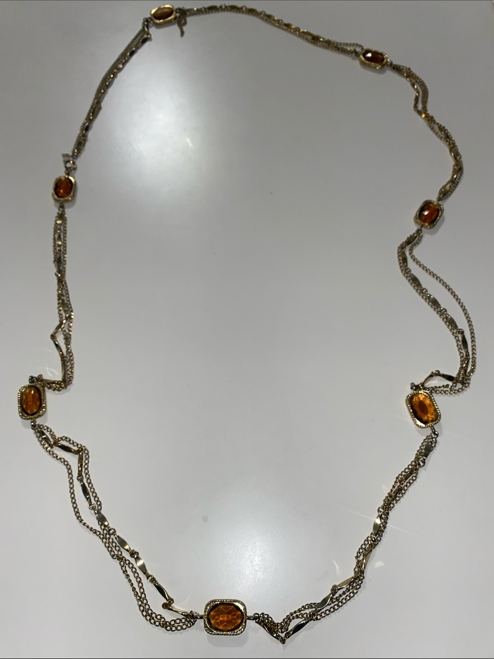 Gold-Tone Long Multi-Chain Necklace with Amber Stones